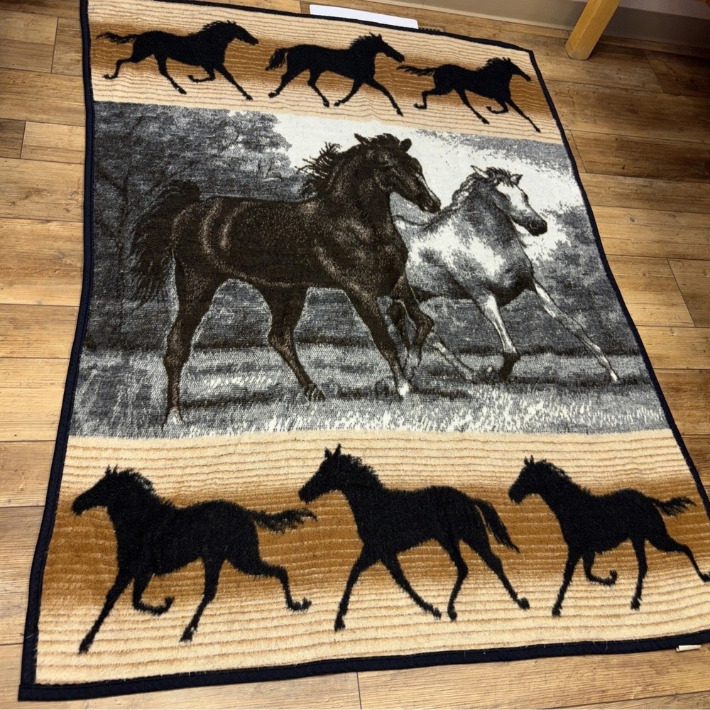 Vintage Biederlack America‎ Reversible Throw Blanket Horses Double Sided Western